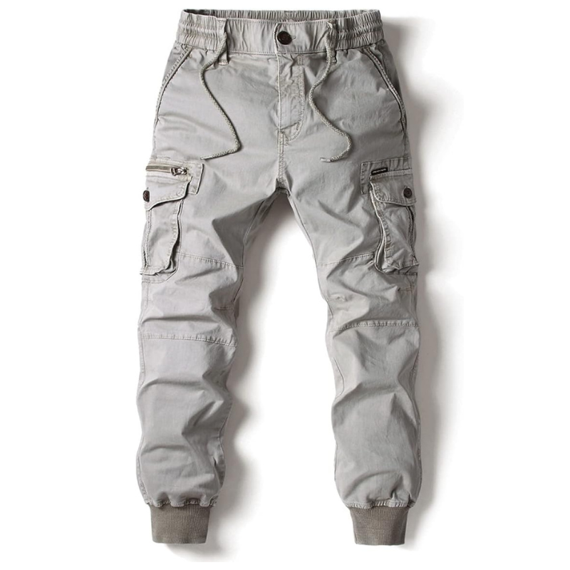 Grijs cargo jogger met elastische tailleband en boorden aan de enkels.

