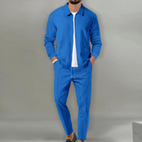 Blauw tweedelige set met ritssluiting en broek met elastische tailleband
