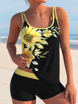 Zwart-gele tankini met bloemenprint en short – flatterend model met brede bandjes