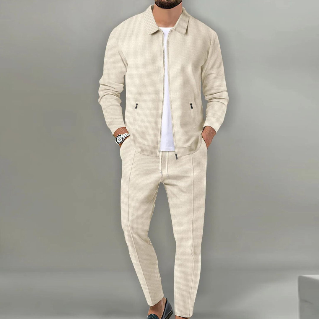 Beige tweedelige set met ritssluiting en broek met elastische tailleband