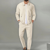 Beige tweedelige set met ritssluiting en broek met elastische tailleband