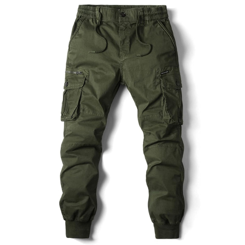 groen cargo jogger met elastische tailleband en boorden aan de enkels.
