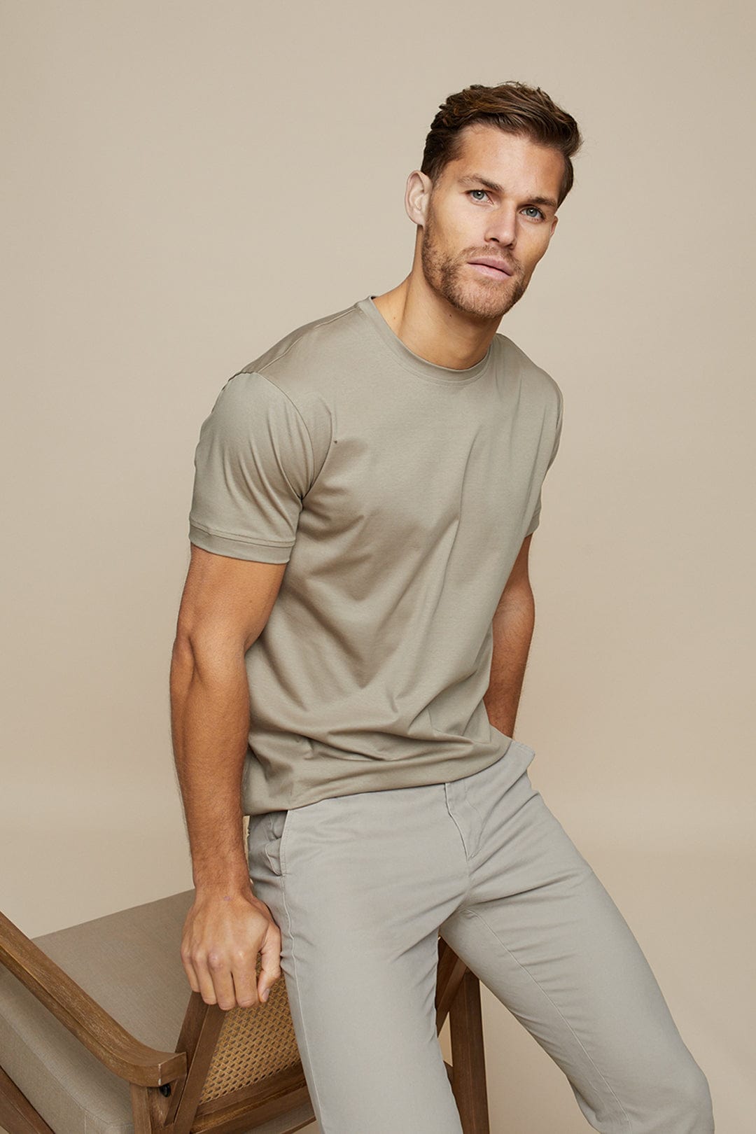 Taupe  katoenen T-shirt met ronde hals