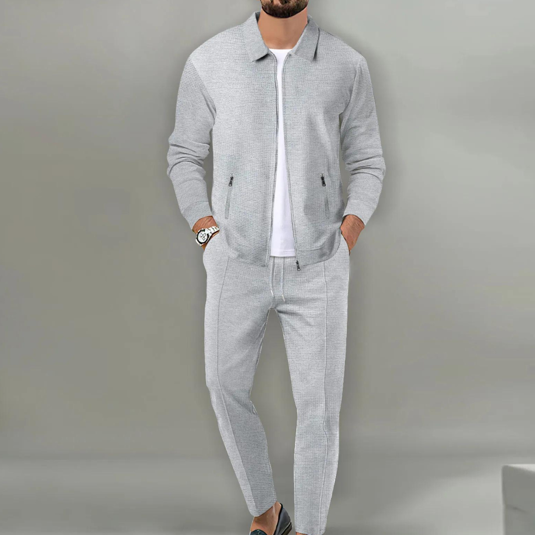 Grijs tweedelige set met ritssluiting en broek met elastische tailleband