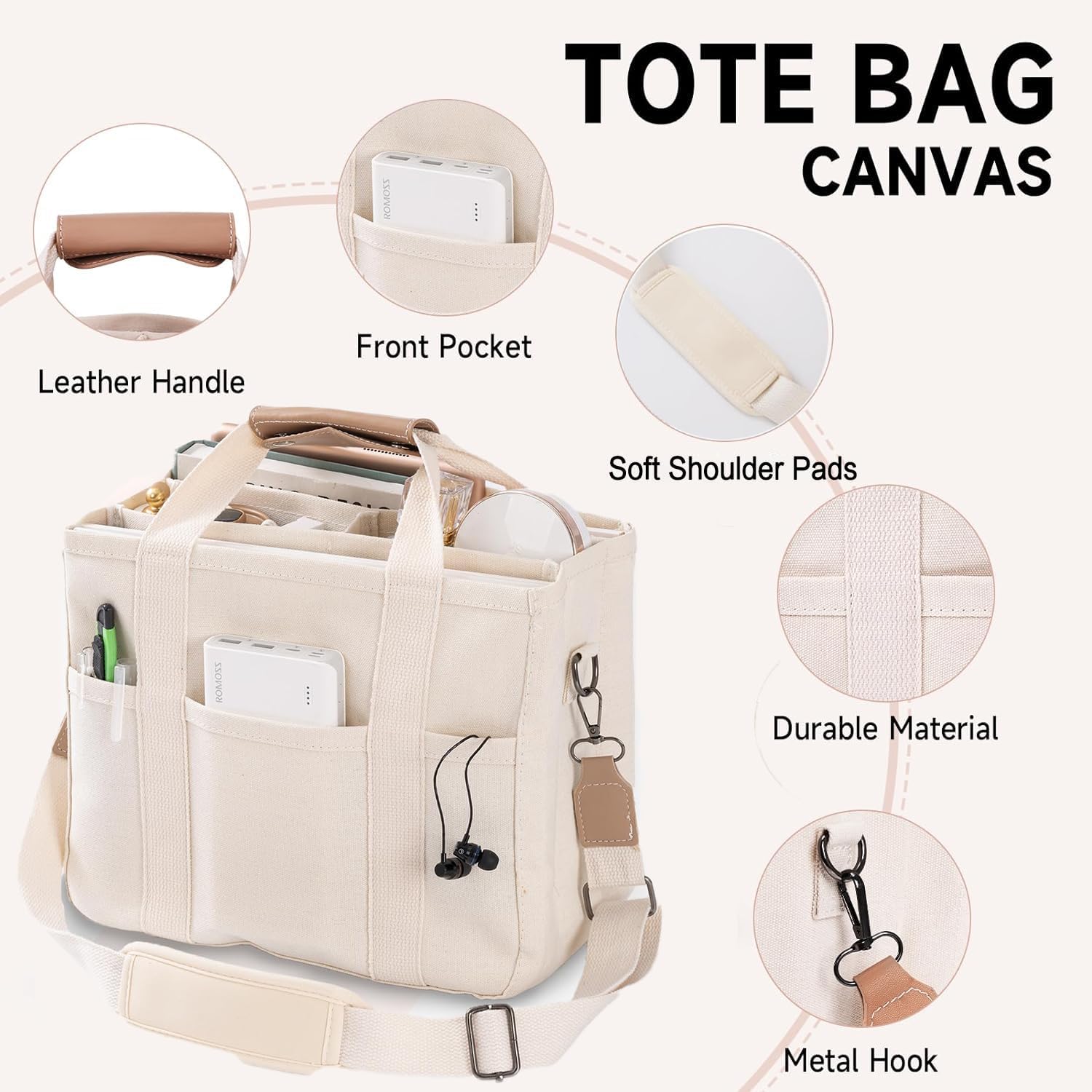 Beige canvas tote met stevige riemen en ruim hoofdvak.