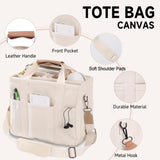 Beige canvas tote met stevige riemen en ruim hoofdvak.