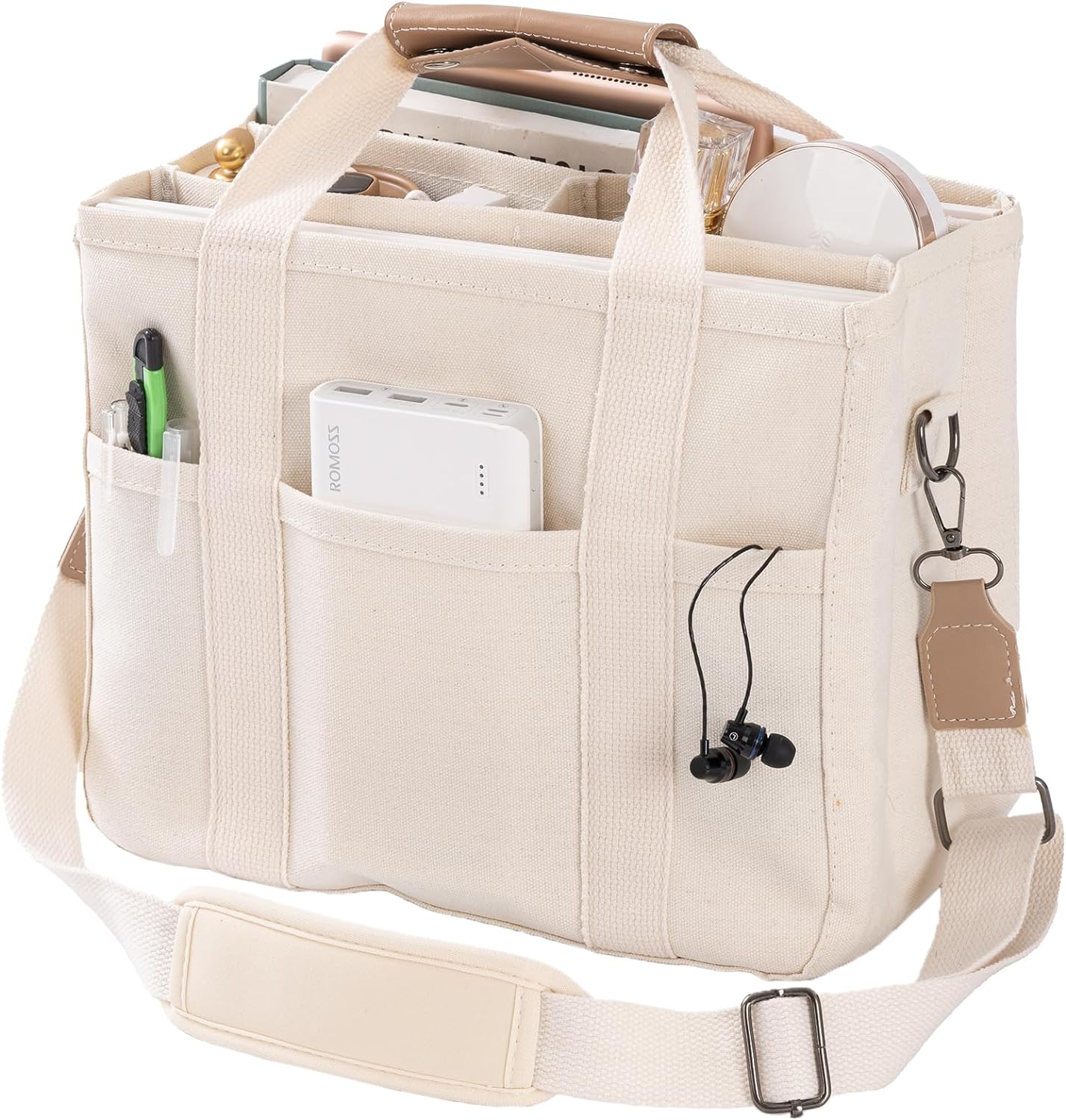 Beige canvas tote met stevige riemen en ruim hoofdvak.