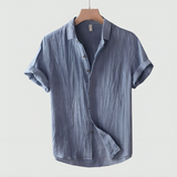 Kian linnen overhemd blauw met korte mouwen