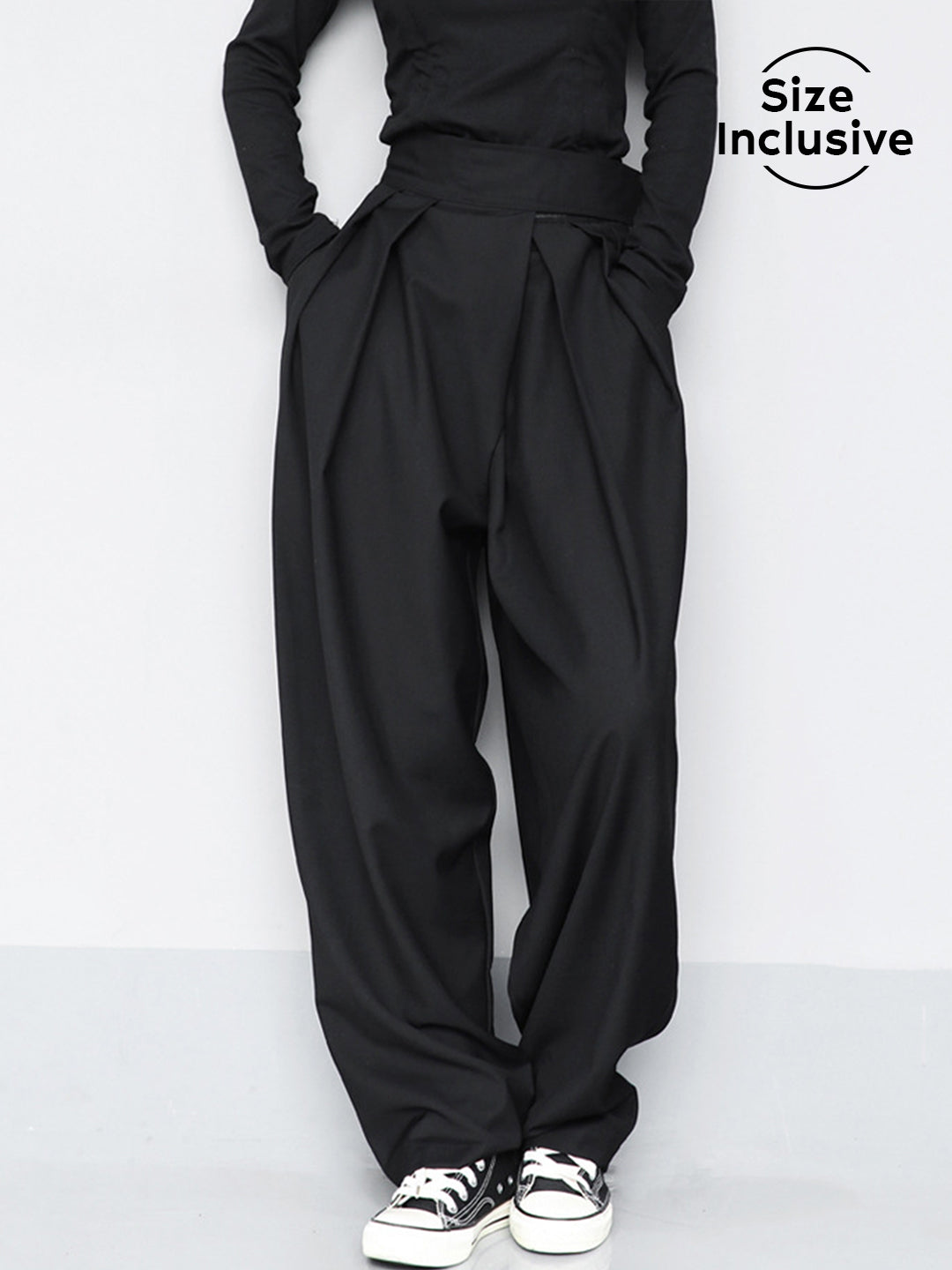 Oversized zwarte wide leg pants met velcro tailleband
