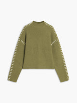 Mosgroene trui met mock neck en stiksels
