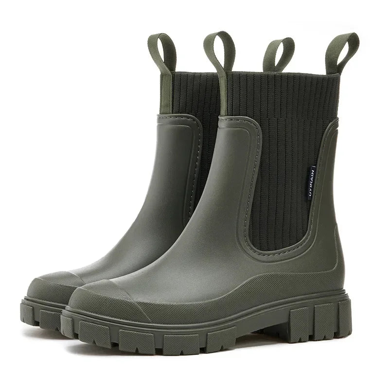 groene chelsea boots van PVC, waterdicht en slipvast