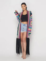 Multicolor gehaakte kimono met zwarte franjedetails voor dames
