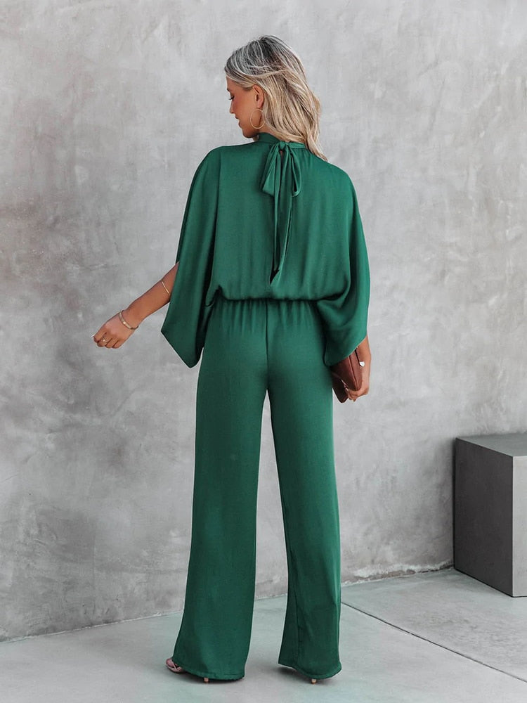 Formele jumpsuit dames groen hoge kraag


