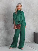 Elegante groene jumpsuit dames hoge kraag

