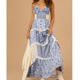 Blauw-witte patchwork maxi jurk met vintage flair