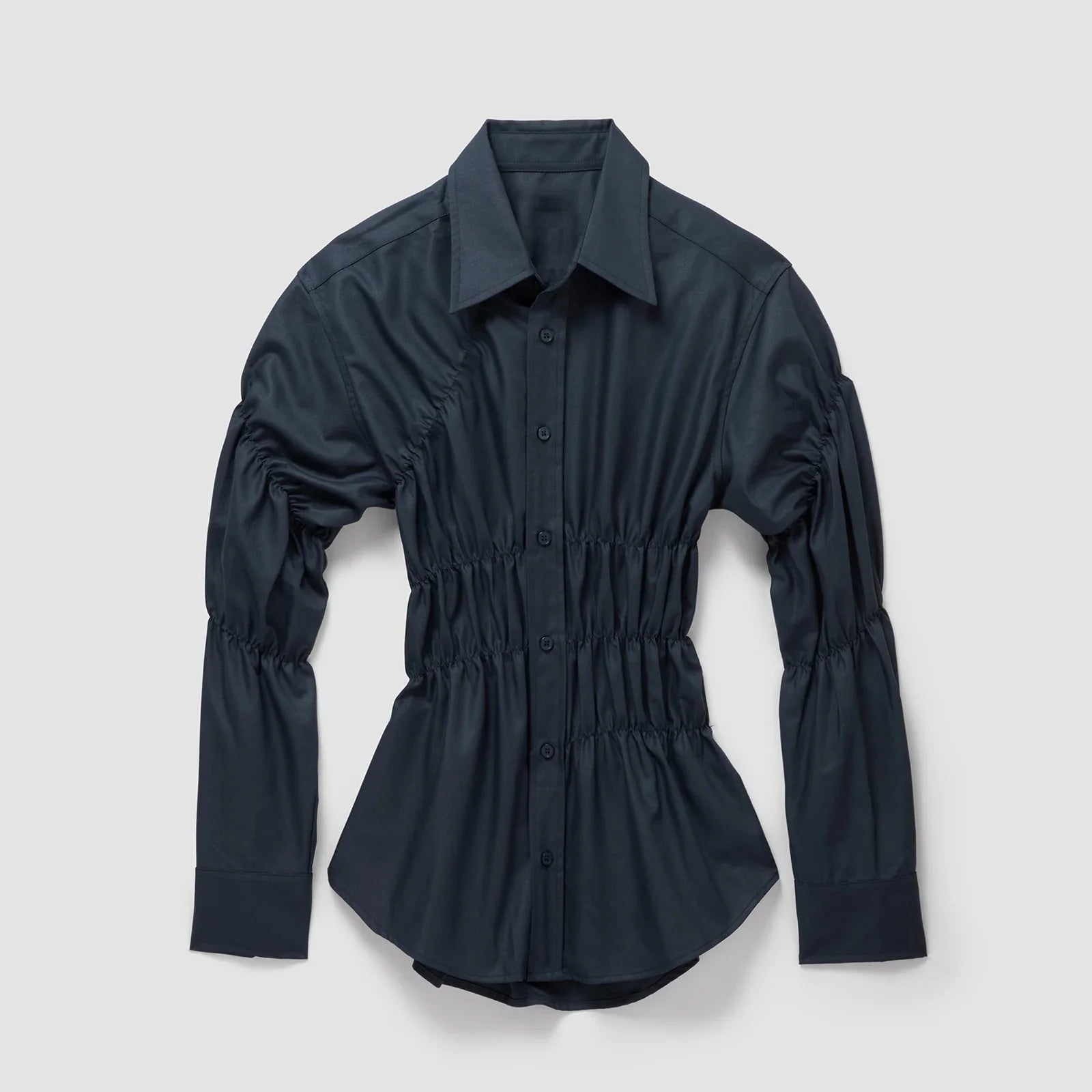 Donkerblauwe blouse met lange mouwen en taille-accent