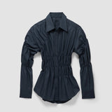Donkerblauwe blouse met lange mouwen en taille-accent
