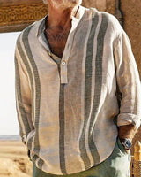 mateo linen gestreept heren overhemd beige zomerse outfit
