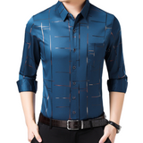 Blauw slim-fit overhemd met subtiel grafisch patroon


