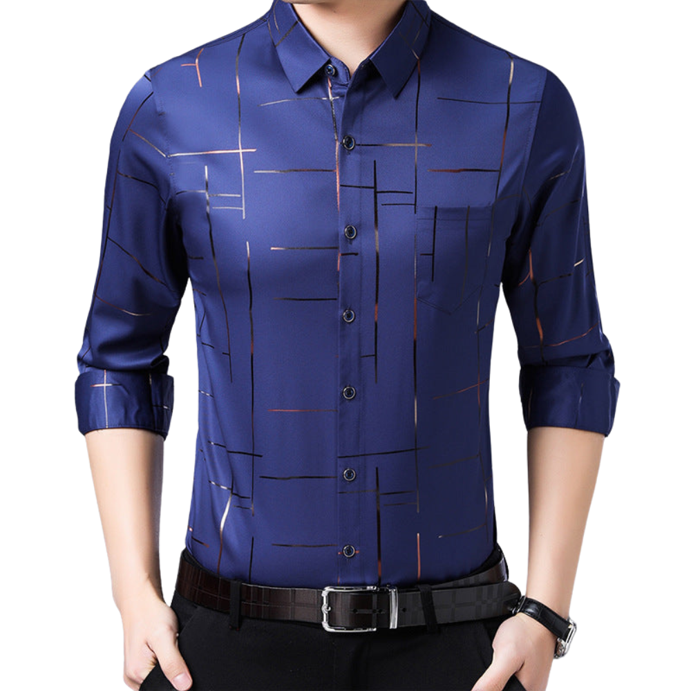 Marineblauw slim-fit overhemd met subtiel grafisch patroon








