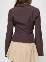 vespera pinstripe blouse mocha brown met beige rok