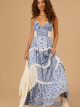 Blauw-witte patchwork maxi jurk met vintage flair