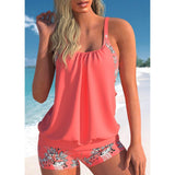 Koraalkleurige tankini met bloemen short – luchtige fit en zomerse uitstraling