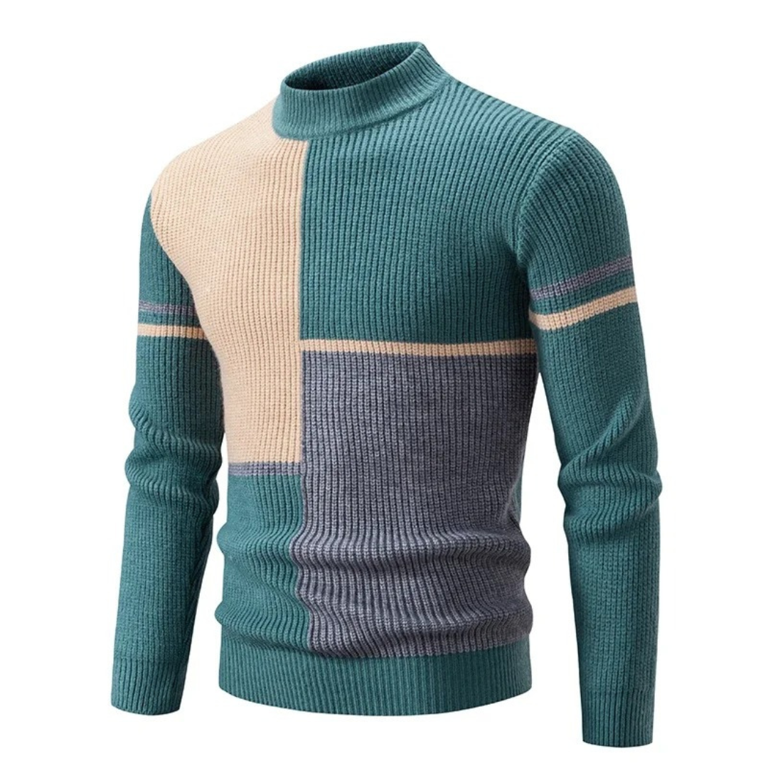 Turquoise trui met beige en grijze vlakken
