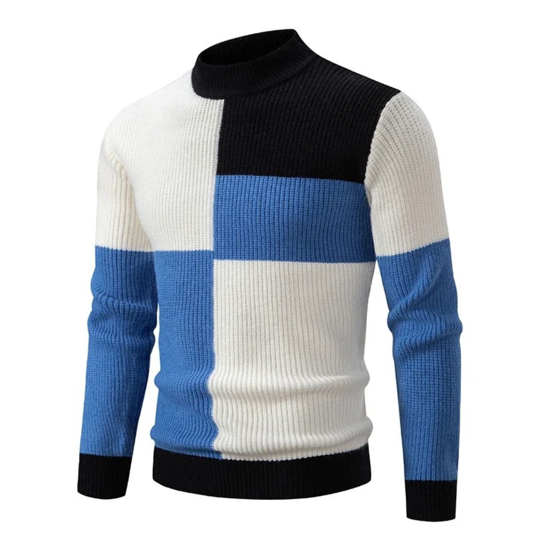 Witte trui met blauwe en zwarte blokken
