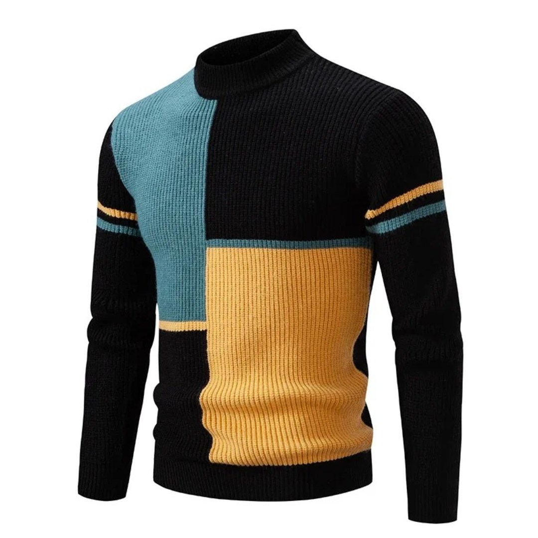 Zwart-blauwe trui met okergele accenten
