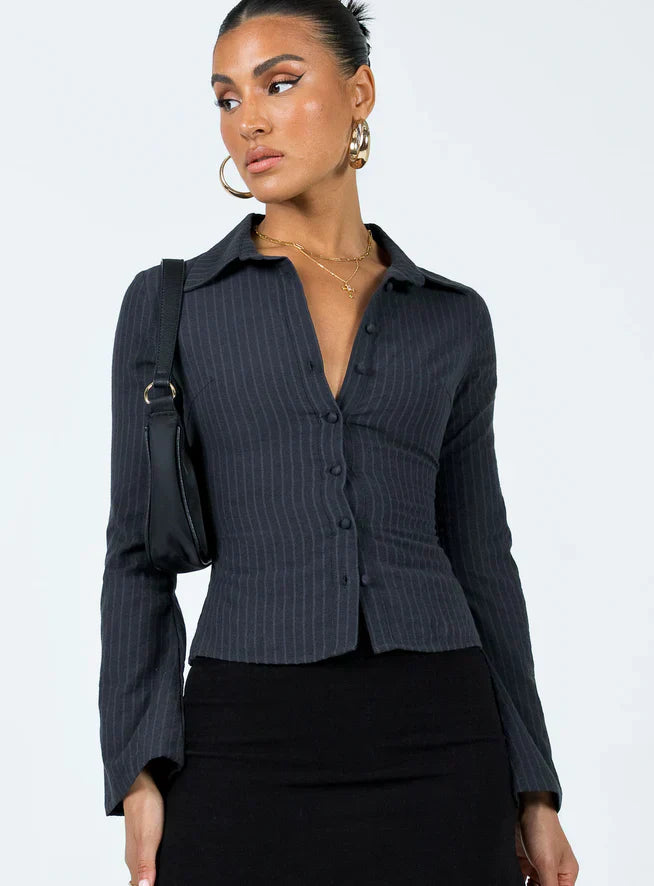 vespera pinstripe blouse onyx black voorkant