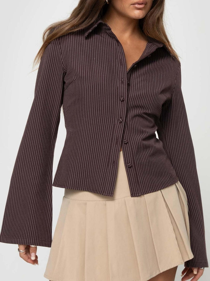 Vespera pinstripe blouse mocha brown rugaanzicht
