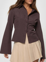 Vespera pinstripe blouse mocha brown rugaanzicht