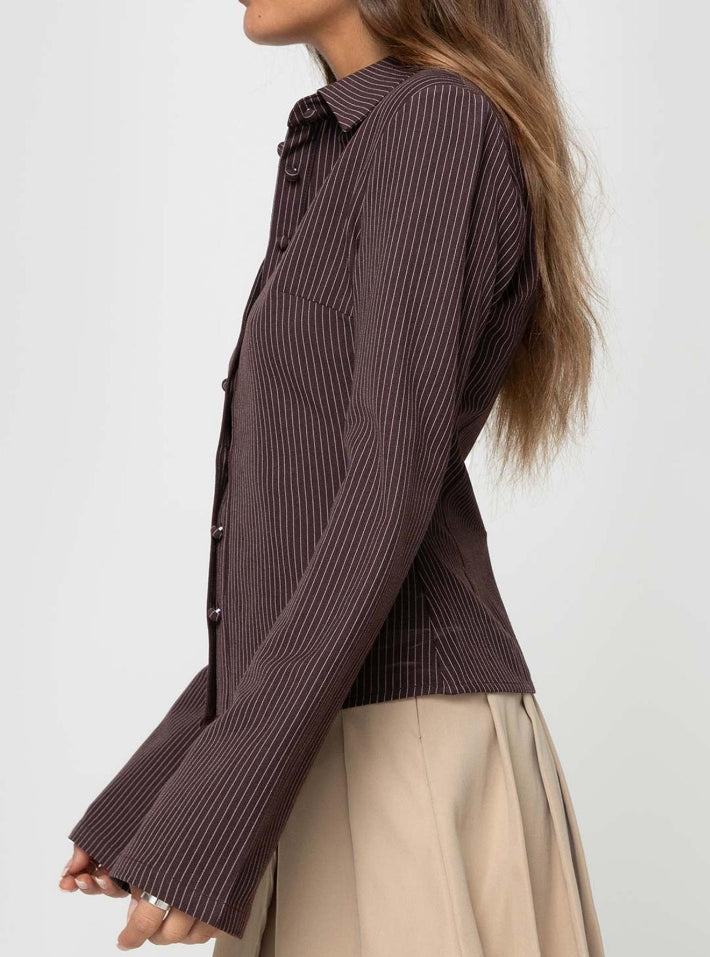 vespera pinstripe blouse mocha brown zijaanzicht